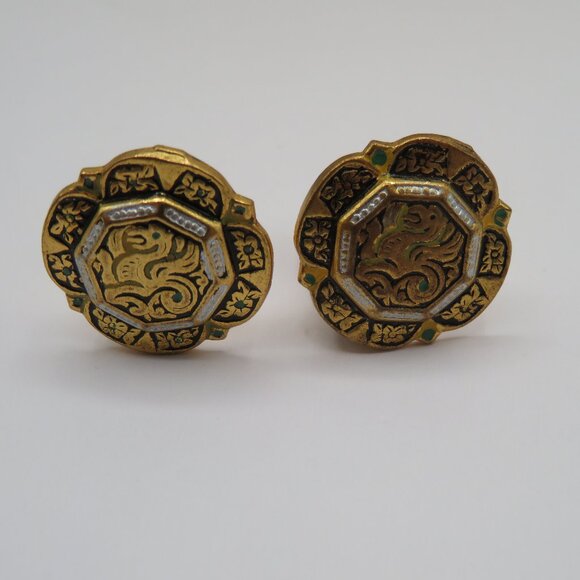 Vintage Damascene Etruscan Revival Style Clip On Earrings - Picture 6 of 9